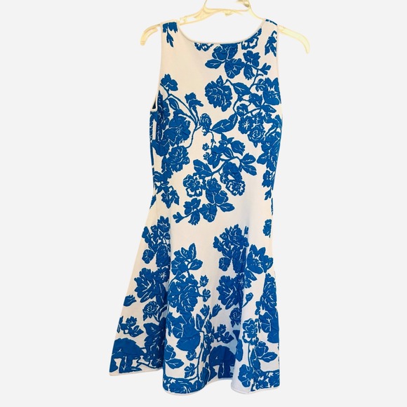 Milly Floral Jacquard Floral Fit Flare Dress Small Blue White Sleeveless Knit - Picture 3 of 15